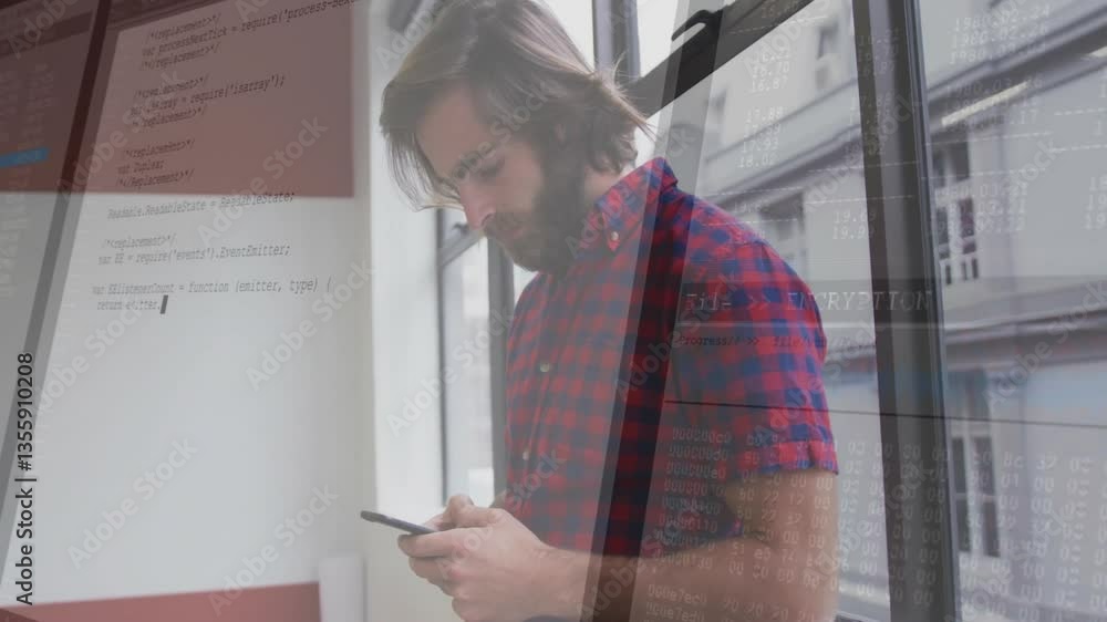 Poster in office, man using smartphone with programming code and animation overlay