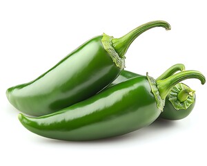 Three fresh green chili peppers are displayed on a white background