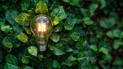 Glowing light bulb nestled in lush green foliage.