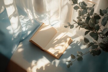 Open book on blue fabric with plant and window light shining through. Use for blog headers, inspirational quotes, or website features.