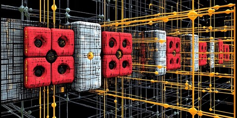 Obraz premium Abstract geometric shapes and network architecture within digital art