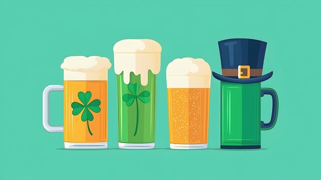 Colorful Beer Glasses with Shamrocks and Hat for St. Patrick's Day