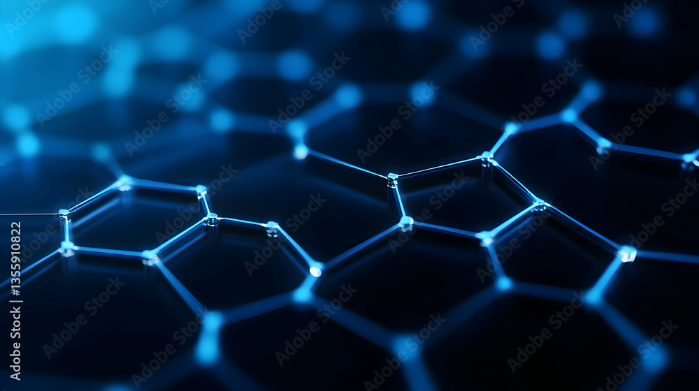Poster abstract representation of molecular structures showcasing interconnected hexagons with glowing node