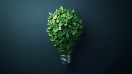 Green leaves forming lightbulb shape on dark background.