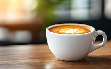 Obraz premium A beautifully crafted cup of coffee, showcasing latte art, sits elegantly on a wooden table, inviting warmth and comfort.
