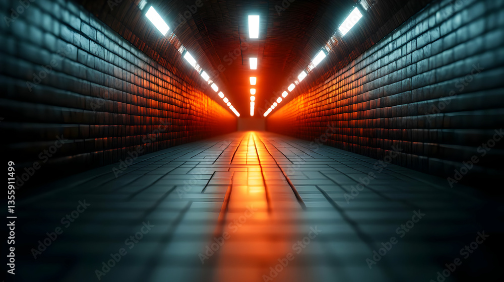 Poster a captivating view of a dimly lit urban passageway, showcasing vibrant lights and textured walls cre