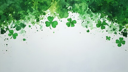 Green Watercolor Background with Clover Leaves for St. Patrick's Day