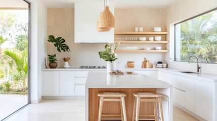 A stylish tropical kitchen with organic textures and soft lighting