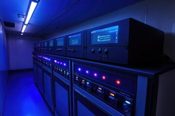 Fototapeta premium Inside the Illuminated Server Room A Glimpse into Modern Data Infrastructure and Tech.