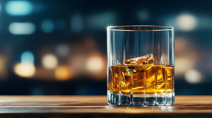 A close-up of a whiskey glass with ice, showcasing the warm golden hues against a blurred background, perfect for bar-themed designs.
