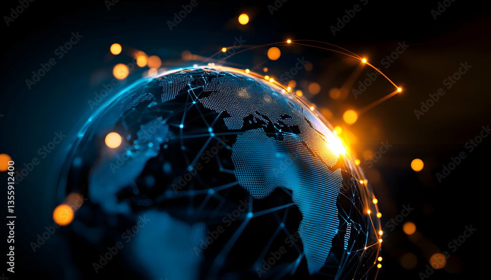 Poster a close-up view of a digital globe network illuminated with bright connections, symbolizing global c