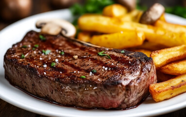 Grilled Steak with French Fries, Mushrooms, and Greens on a White Plate