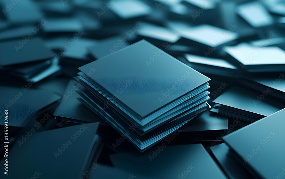 Poster a collection of stacked black and blue square panels, creating an abstract and modern composition su