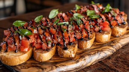Bruschetta platter with balsamic glaze, tomatoes, and basil.