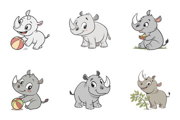 Cute Rhino vector collection, cute Rhino playing, cute Rhino eating isolated on white background.