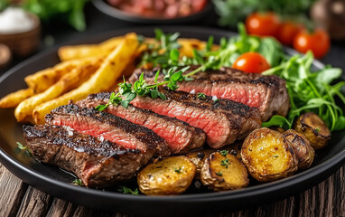 Grilled Steak with French Fries and Roasted Potatoes on a Black Plate.