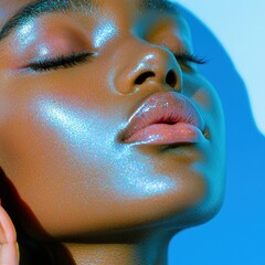 Obraz premium Confident woman posing against a striking blue background with a bright and vibrant expression