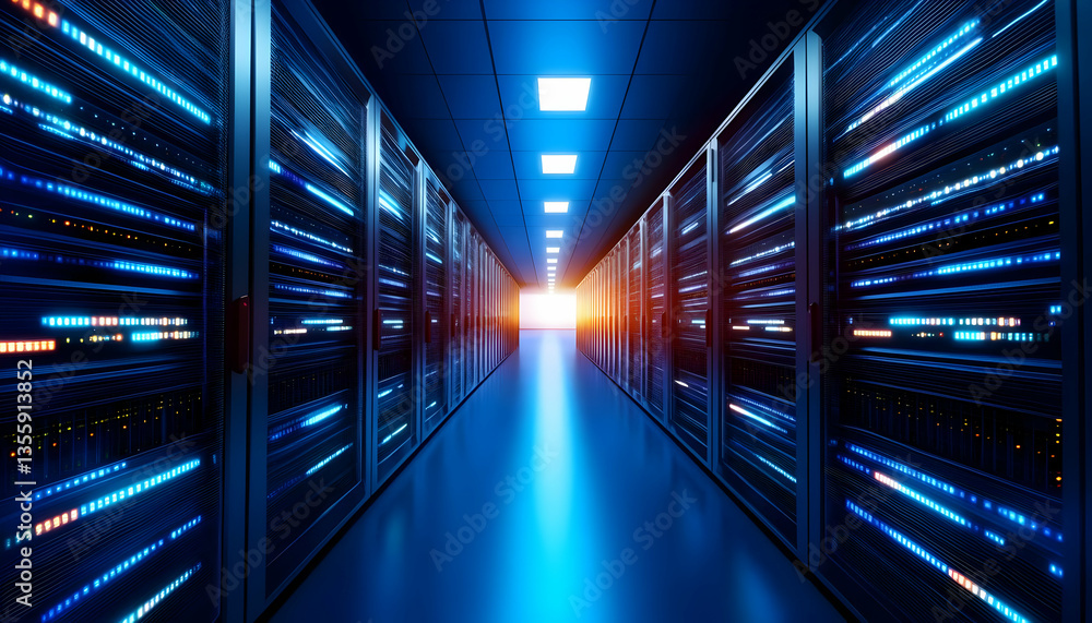 Poster a futuristic data center with glowing servers creating a pathway of vibrant lights, showcasing the p