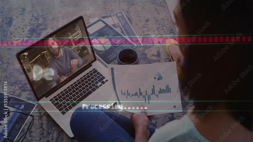 Poster analyzing financial charts on laptop, person on video call with data animation