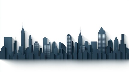 Modern City Skyline Silhouette with Shadows on White Background