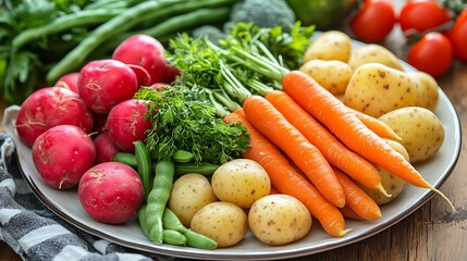 Fresh vegetables radishes, carrots, potatoes, green beans on plate.