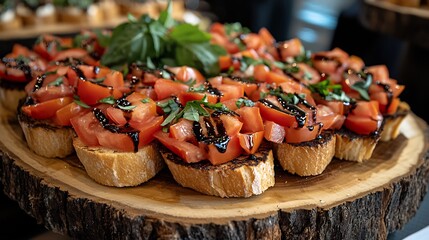 Bruschetta platter with fresh tomatoes, basil, and balsamic glaze on a rustic wooden board.