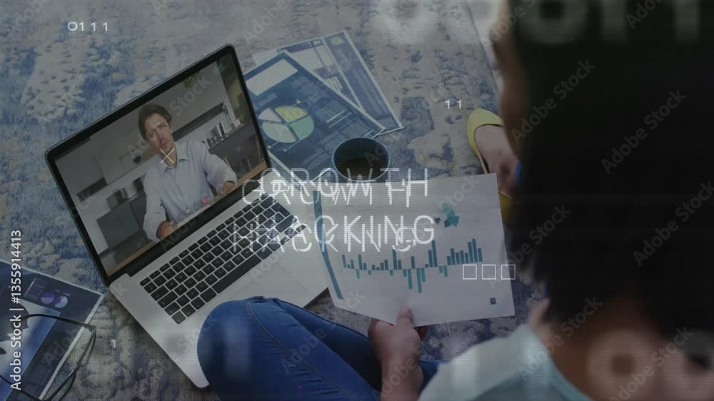 Poster attending virtual meeting, person using animation with growth hacking data charts