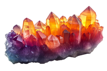 Vibrant crystal cluster with orange, purple, and clear facets, beautifully reflecting light, isolated on white background.