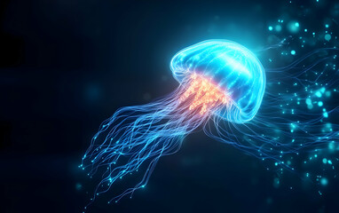 A glowing jellyfish floats gracefully in dark waters, showcasing vibrant colors and intricate details, symbolizing the wonder of marine life.