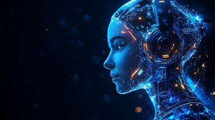 Futuristic female cyborg profile, glowing circuits.