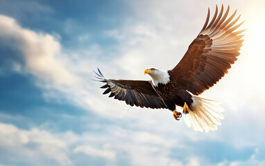 Fototapeta premium A majestic eagle soars across the sky, showcasing its powerful wings and sharp eyesight in the bright sunlight.