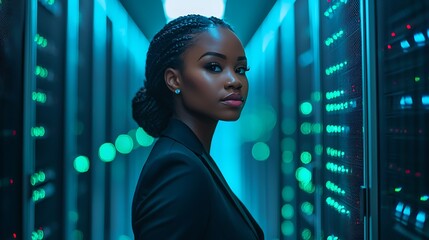 Confident woman in a server room.