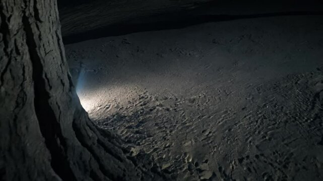Dolly in video of a colossal ebony tree trunk on dark, volcanic sand with low key lighting, shadows are deep and dramatic