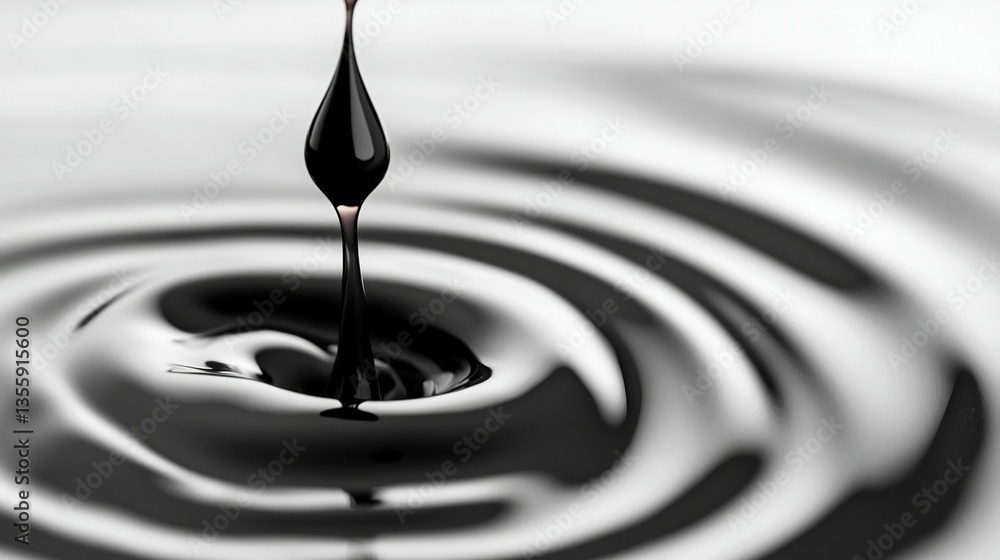 Poster close-up of a single drop of dark liquid falling into a pool, creating concentric ripples.