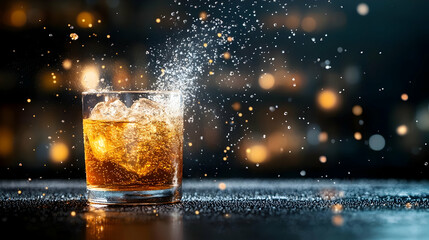 A refreshing drink splashes out of a glass, surrounded by shimmering lights, creating a festive and vibrant atmosphere.