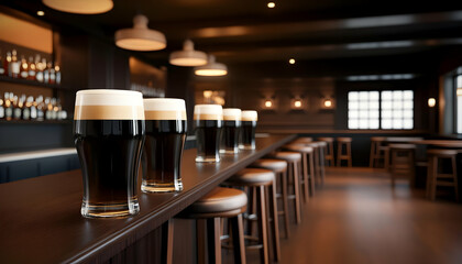 A selection of dark beers in inviting pub atmosphere with wooden bar and soft lighting, perfect for social gatherings.