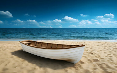 Naklejka premium A serene beach scene featuring a lonely wooden boat resting on golden sand with a stunning blue sky and calm ocean in the background.