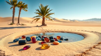 Obraz premium Colorful Gemstones in a Small Oasis Pool in a Desert Landscape with Palm Trees