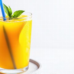 Vibrant glass of chilled orange juice with a slice of orange resting on the rim for added flavor