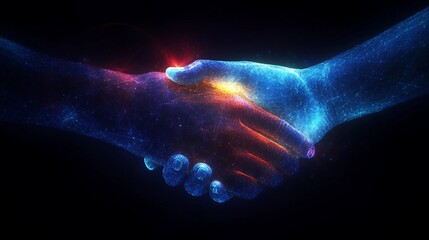 Professional Business Handshake with Futuristic Digital Hologram Elements on a Dark Background.