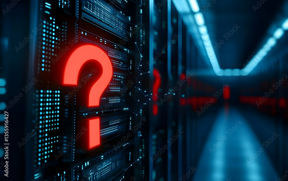 Poster a striking image of data servers with a glowing red question mark, symbolizing uncertainty in techno