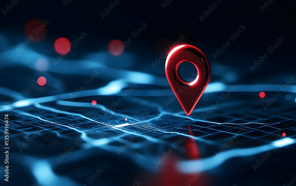 Poster a striking red location pin set against a digital map background, symbolizing navigation and geoloca