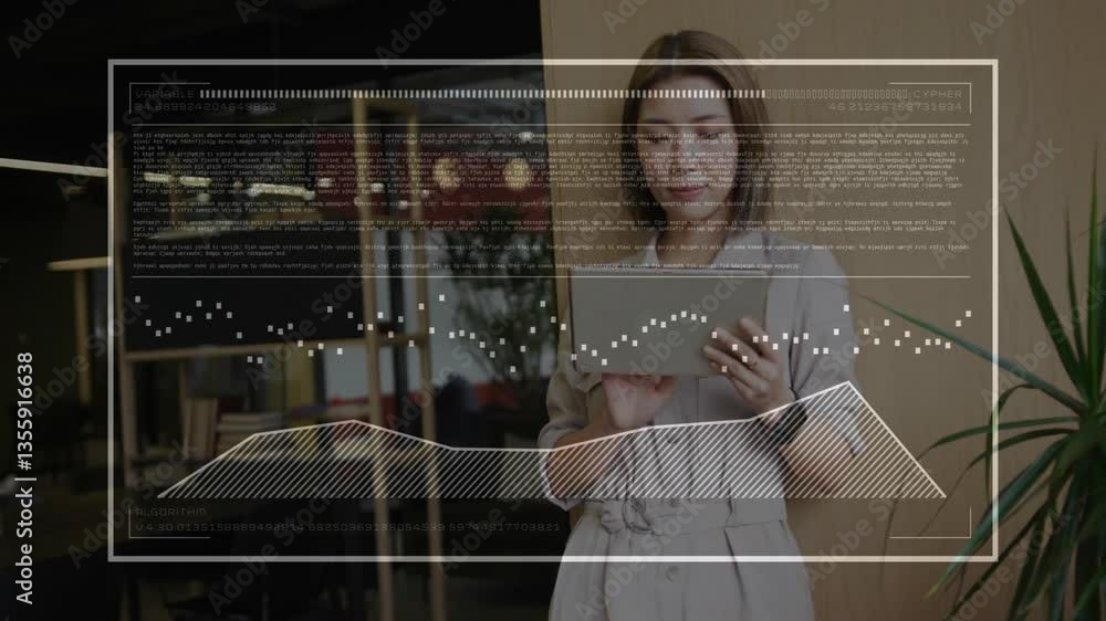 Poster businesswoman using tablet with data processing animation overlay in modern office