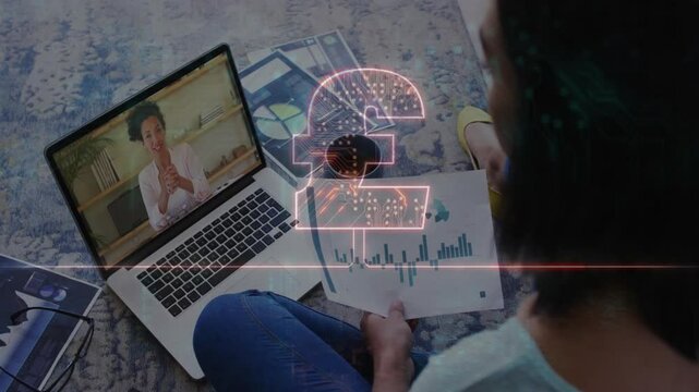 Holding financial chart, person video conferencing on laptop with pound symbol animation