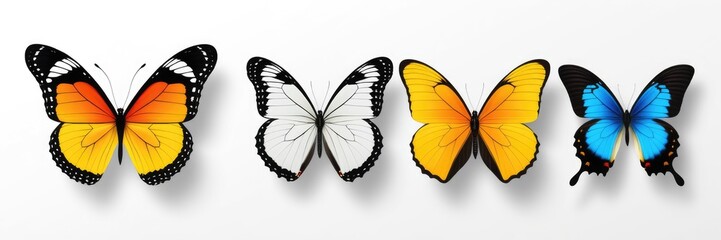 Fototapeta premium Colorful butterflies on white background: diversity and beauty in nature