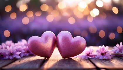 Obraz premium two pink hearts sit together on a wooden surface surrounded by soft bokeh lights and purple flowers creating a romantic and serene atmosphere