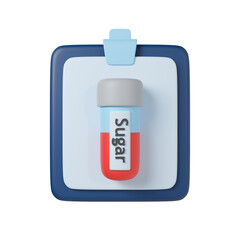 Clinical chemistry 3d icon. 3D illustration of blood sugar test vial on blue and transparency background