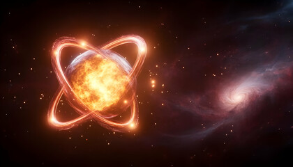 A stunning visualization of an atomic structure with a sun-like star, illustrating the wonders of the universe and atomic energy.
