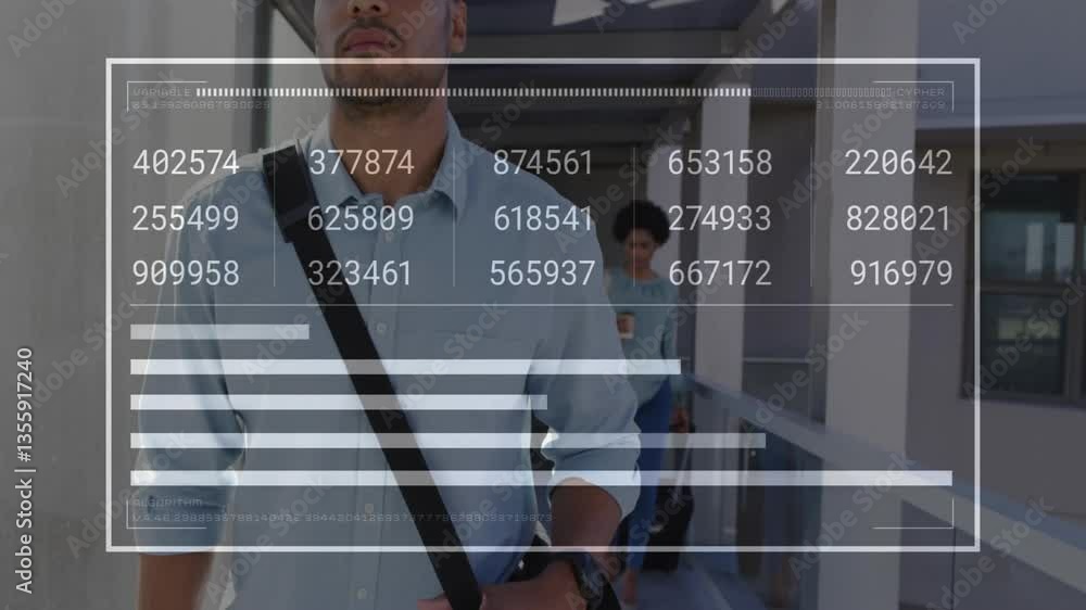 Poster walking business professional with data processing overlay, numbers, and graphs visible
