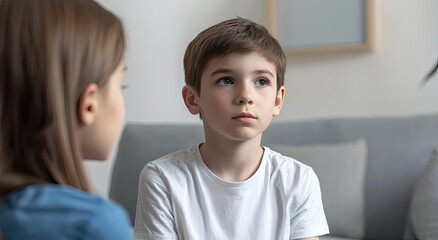 Two children sitting on couch, looking thoughtful